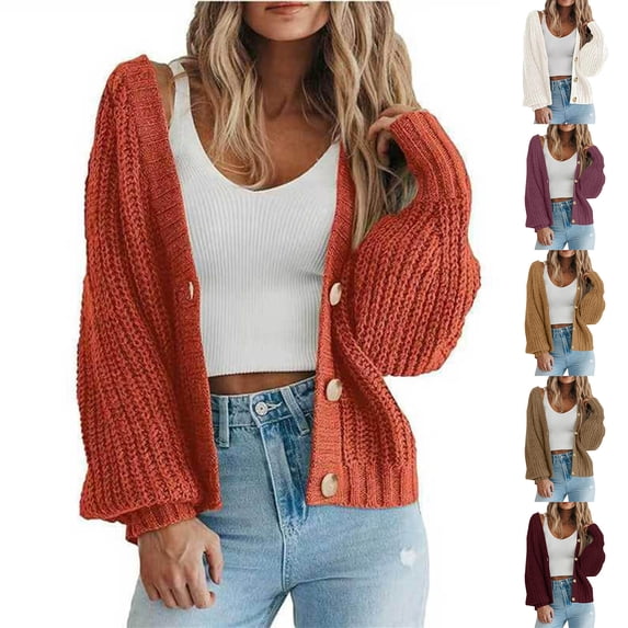 Swuxness Women's Casual Knitted Sweater, Women Long Sleeve Coat, Women's Chunky Knit Open Front Button Loose Short Cardigan Comfortable Sweater Jacket for Ladies Wine, S
