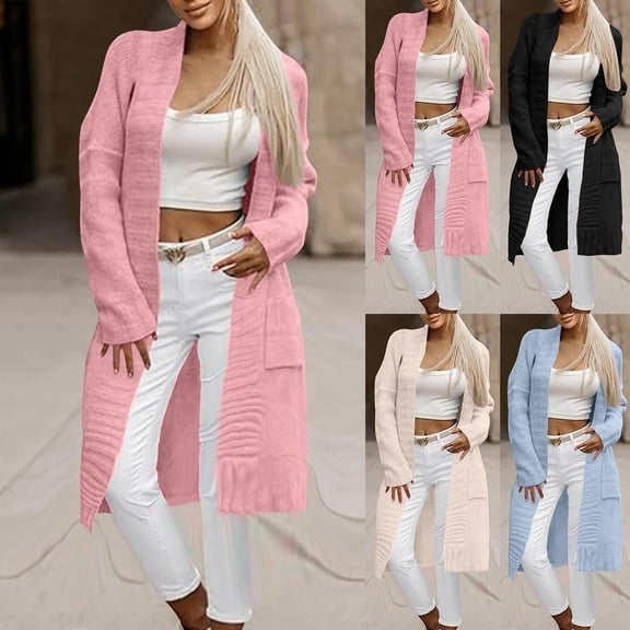 Swuxness Women's Casual Knitted Sweater, Women Long Sleeve Coat, Women's Solid Color Long Double Pocket Knitted Sweater Comfortable Cardigan for Ladies Pink, XL