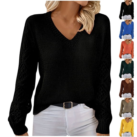 Swuxness Women's Casual Knitted Sweater, Women Long Sleeve Sweater Top, Women's Hollow Out V Neck Loose Pullover Fashion Knitted Base Lightweight Sweaters Black, M