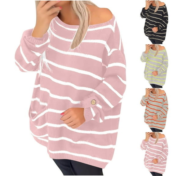 Swuxness Women's Casual Knitted Sweater, Women Long Sleeve Sweater Top, Women's Striped Fashion Crew Neck Loose Fitted Soft Comfortable Lightweight Sweaters Pink, M
