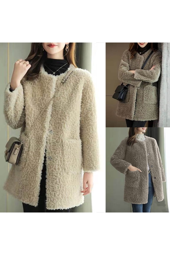 Women's Fleece Casual Jacket, Women Long Sleeve Coat, Women's Mid Long Faux Wool Shearling Coat Hoodless Comfortable Outerwear Jacket for Ladies Coffee, L