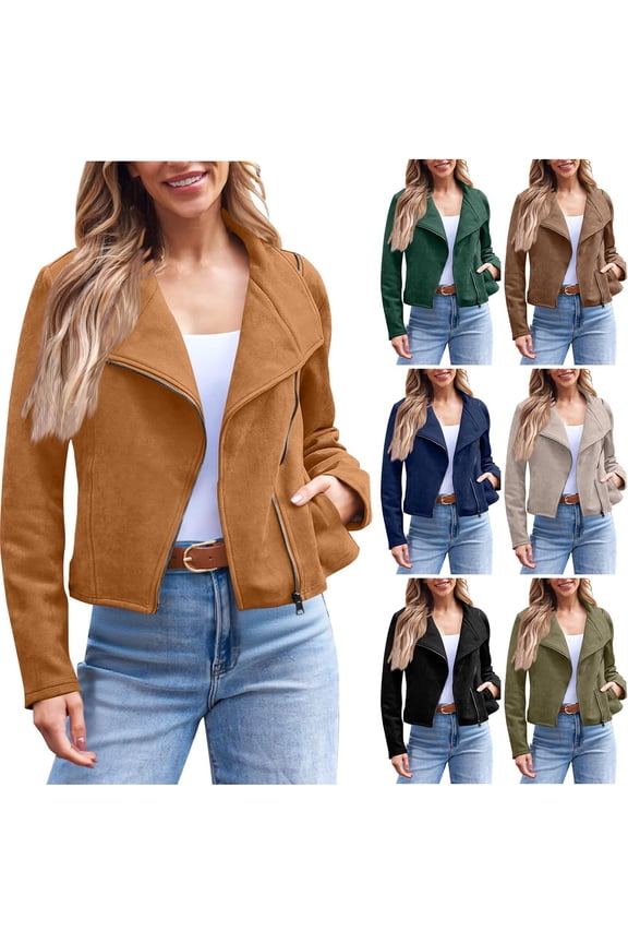 Women's Fleece Casual Jacket, Women Long Sleeve Coat, Womens Solid Color Faux Suede Soft Zip Up Hoodless Outerwear Lightweight Jacket Daily Wear Brown, S