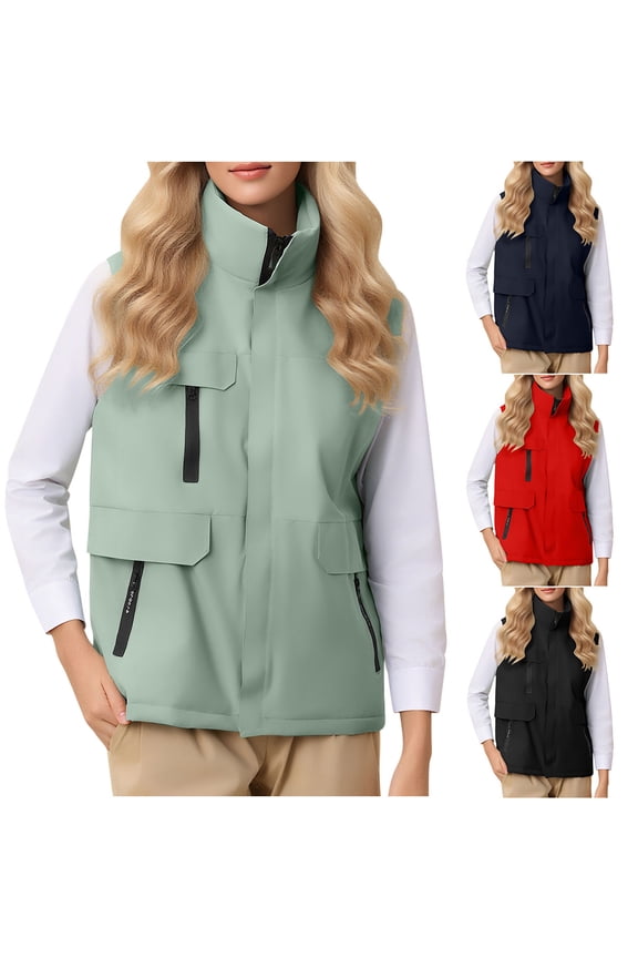 Women's Fleece Casual Jacket, Women Sleeveless Coat, Women Comfortable Soft Lightweight Zip Front Jacket with Stand Collar and Pockets Red, XXXXL