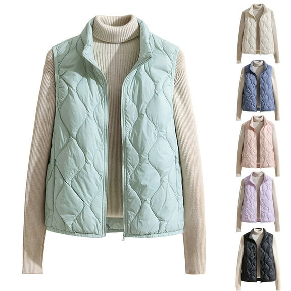 Swuxness Women's Fleece Casual Jacket, Women Sleeveless Coat, Women Solid Color Lightweight Slim Fitted Quilted Stand Collar Zipper Comfortable Soft Jacket Pink, L