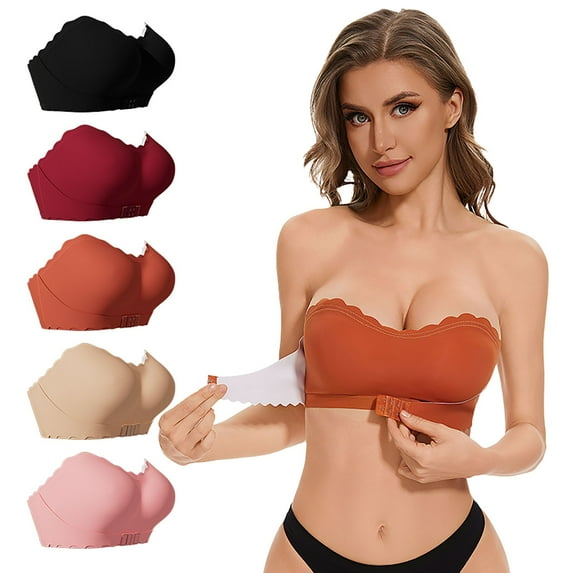 Swuxness Women's Front Closure Wireless Bra, Women's Strapless Push Up Bras, Women's Comfortable Bandeau Bra with Front Hook with Clear Straps Everyday Bra Pink, 36/80AB