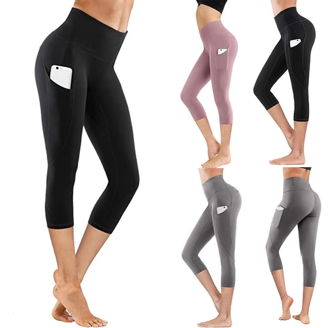 Swuxness Women Yoga Sports Capris Pants Solid Color Pockets Comfortable Breathable Active Wear