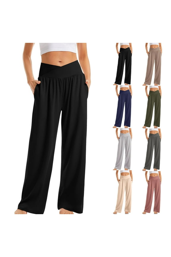 Women's High Waist Active Wide Leg Yoga Long Pants, Sports Workout Bottoms, Women Solid Color Full Length Comfortable Stretchy Yoga Leggings with Pockets Pink, S