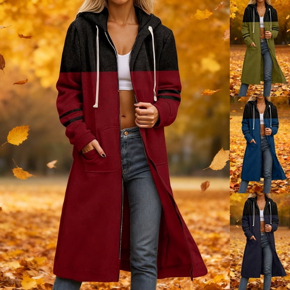 Swuxness Women's Hooded Shirt Jacket, Women Long Sleeve Coat, Women's Zipper Long Color Blocked Pocket Comfortable Soft Cardigan Sweatshirt Jacket for Ladies Green, M