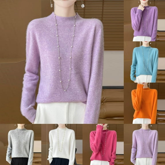 Swuxness Women's Knitted Turtleneck Sweaters, Women Long Sleeve Sweater Top, Women's Solid Color Fashion Crew Neck Half Loose Fitted Comfortable Layering Sweaters Hot Pink, L