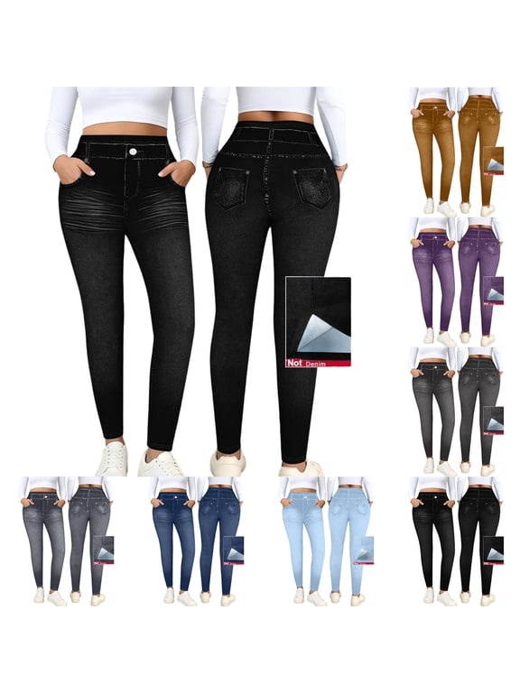 Women's Long Pants Denim Print Pockets Buttons High Stretch Loose Slim Casual Stylish