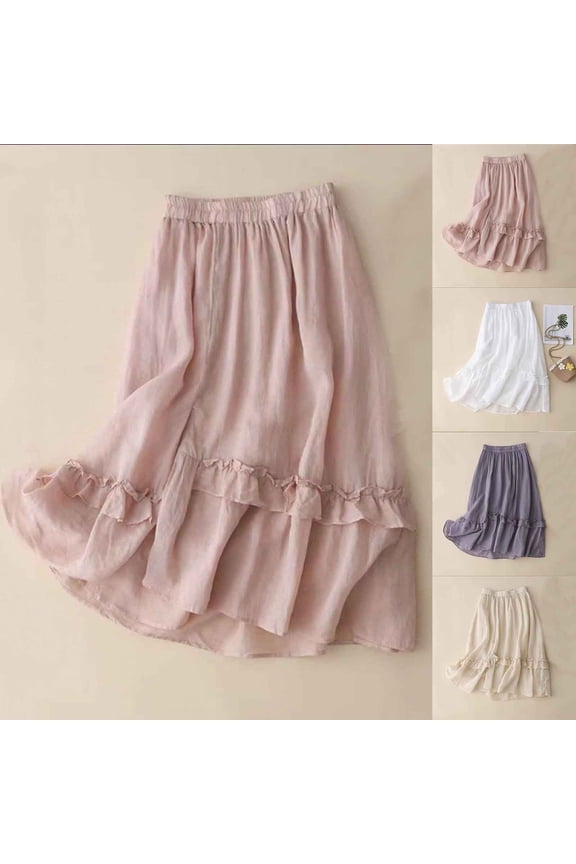 Women's Mid-Length Linen Skirt Solid Color A Line Elastic Waist For Summer Wear