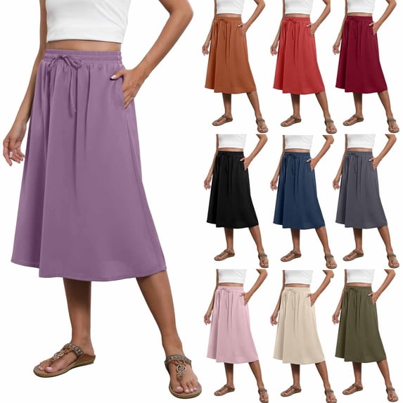 Swuxness Women's Mid-Length Skirt Solid Color Drawstring Side Pockets Loose Summer Wear