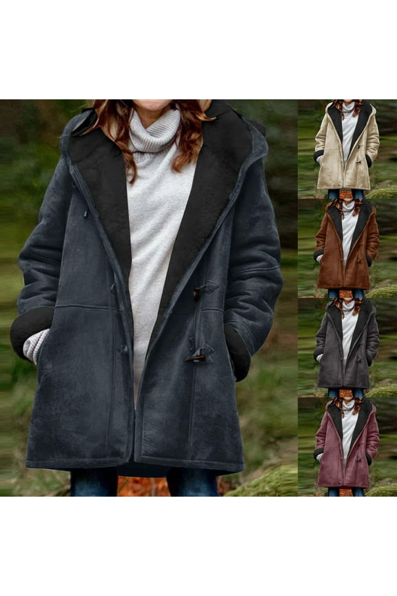 Women's Plus Size Fleece Jacket, Women Long Sleeve Coat, Women's Solid Color Toggle Button Warm Hooded Coat with Pockets Casual Jacket for Ladies Red, XXXXXL