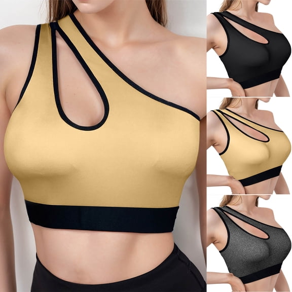 Swuxness Women's Pullover Wireless Bra, Women Tank Style Sports Yoga Bra, Women Color No Closure Side Slit One Shoulder Strap Thin Comfortable Sports Bra Black, 44/100AB