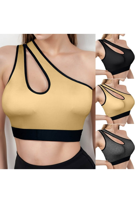 Women's Pullover Wireless Bra, Women Tank Style Sports Yoga Bra, Women Color No Closure Side Slit One Shoulder Strap Thin Comfortable Sports Bra Black, 44/100AB