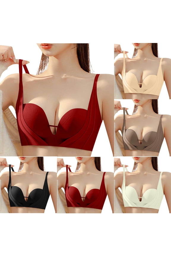 Women's Push Up Bra, Womens Bras, Women Solid Color Seamless Front V Neck Side Bulge Soft Support Comfortableable Breathable Bra Black, 34/75AB