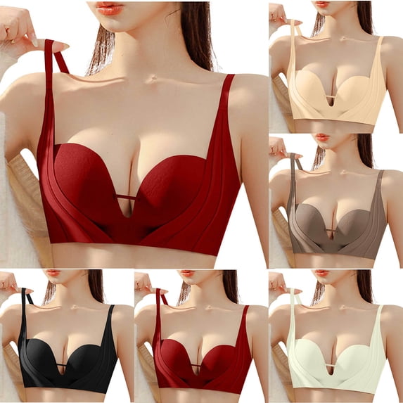 Swuxness Women's Push Up Bras Solid Color Seamless Front V Neck Side Bulge Soft Support Breathable