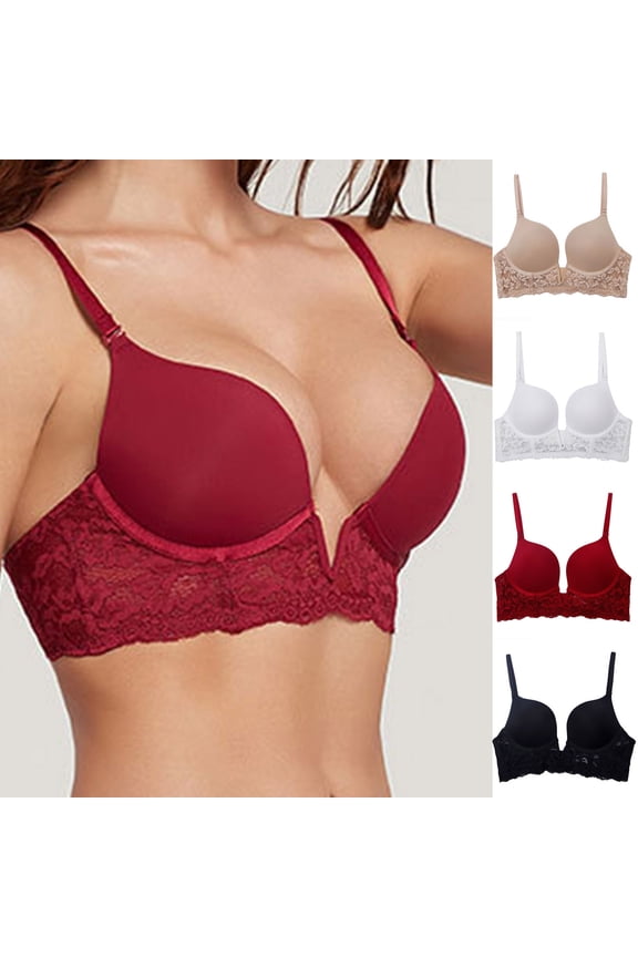 Women's Push Up Underwire Bra, Women Support Bras, Women Solid Color Thin V Neck Push Up Support Comfortable Soft Breathable Bra Wine, 32/70B