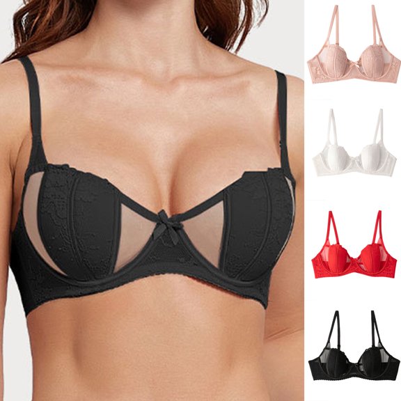 Swuxness Women's Push Up Underwire Bra, Women Support Bras, Women Solid Color Thin V Neck Push Up Support Comfortable Soft Breathable Bra Red, 32/70C
