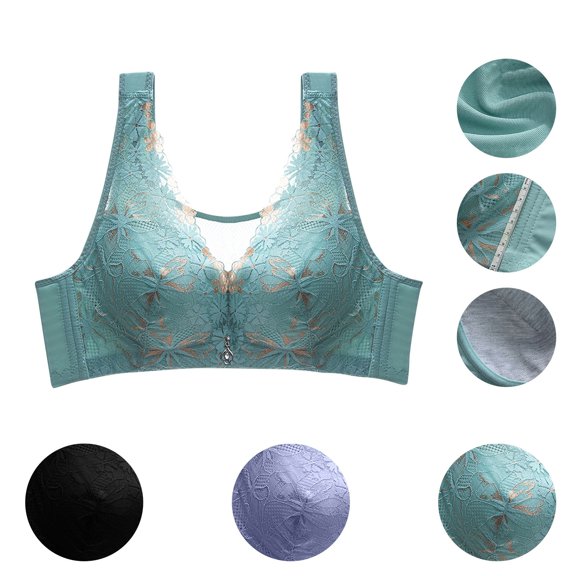 Swuxness Women's Push Up Wireless Bra, Womens Bras, Women Solid Color Wide Strap Adjustable Peek Sagging for Side Breast Bra Green, 42/95BC