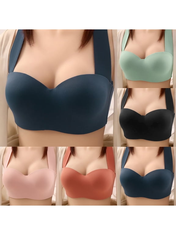 Women's Push Up Wireless Bra, Womens Bras, Women Solid Color Wide Strap Back Closure Thin Full Cup Side Support Push Up Bra Black, 40/90BC