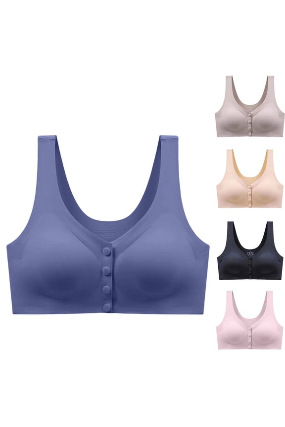 Women's Seamless Bras Round Neck Wide Strap Front Button Classic Undergarment