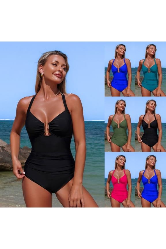 Women's Solid Color One Piece Bathing Suits Beach Surfing Style with Removable Pads Modest Vacation Swimwear