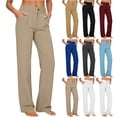thumbnail image 1 of Swuxness Women's Straight Leg Long Pants Button Elastic Waist Ruched Pockets Slim Stretchy Yoga, 1 of 4