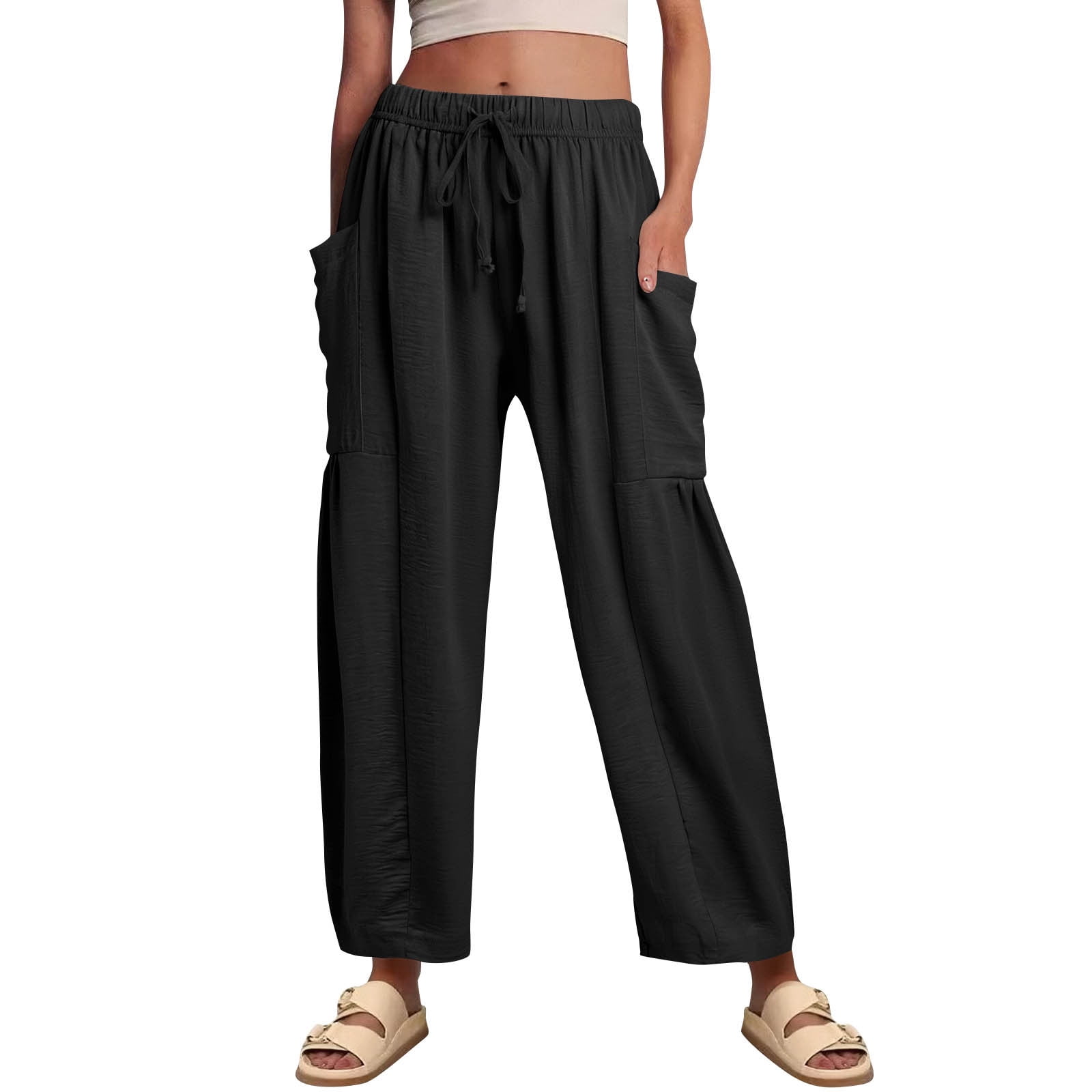 Sxaura Black Linen Pants for Women Summer Plus Size 2025 Wide Leg Baggy ...
