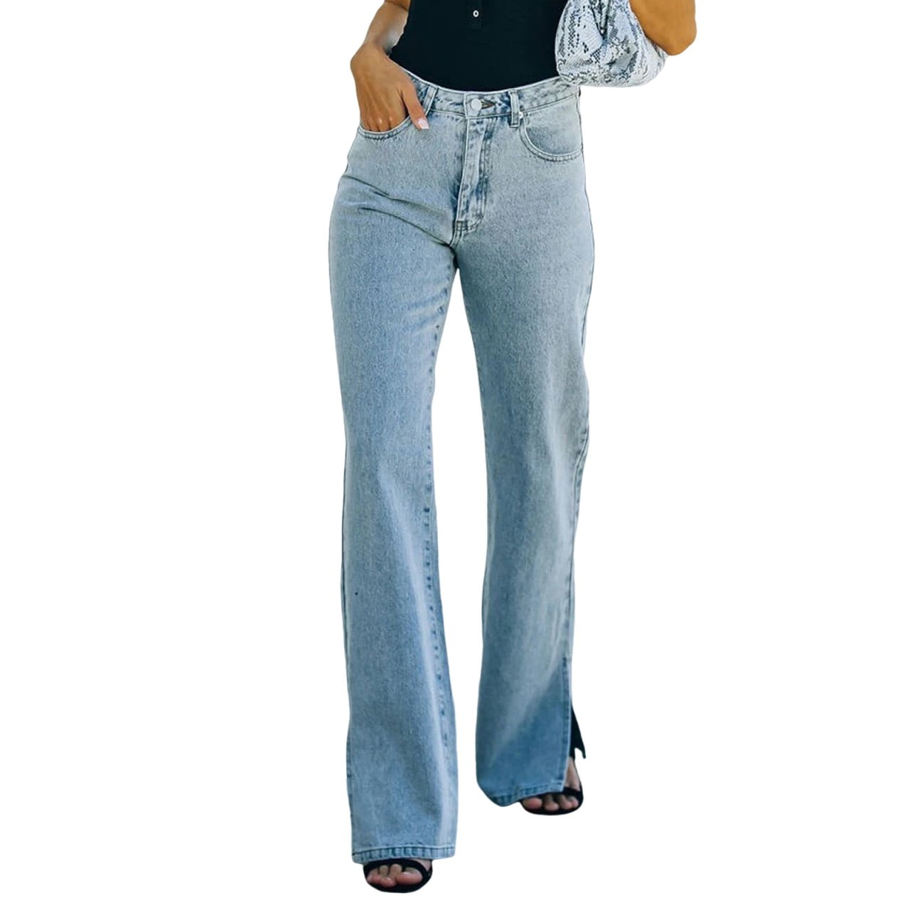 Sxaura Blue Jeans for Women Trendy Mid Rise Long Work Pants Denim Split ...