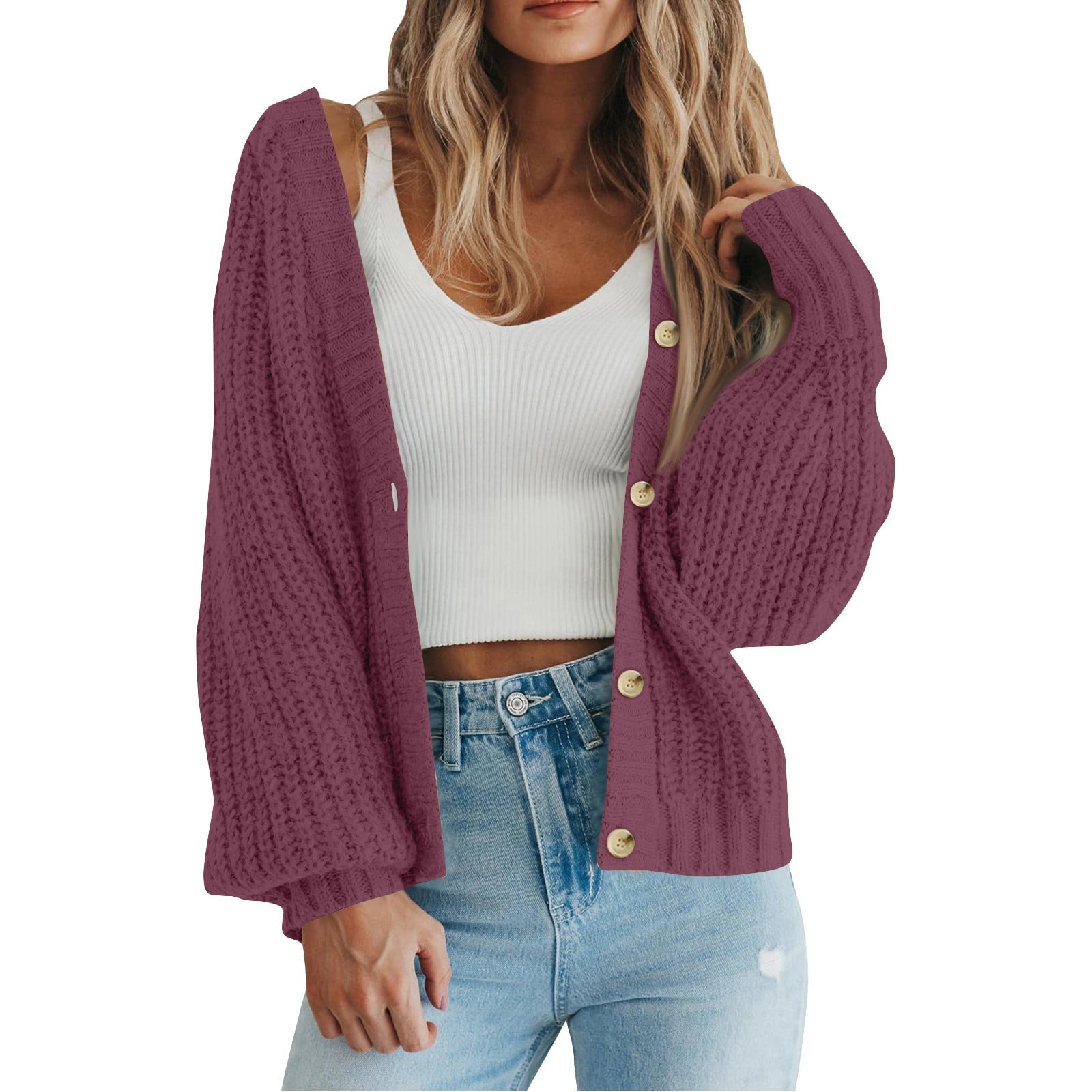 Sxaura Cardigan Sweaters for Women Purple Button Down Solid