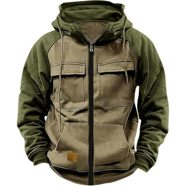 Sxaura Men Trendy Brown Coats Long Sleeve Loose Color Block Hooded Long Workout Jackets Fleece Cargo Jackets with Multiple Pockets with Pockets