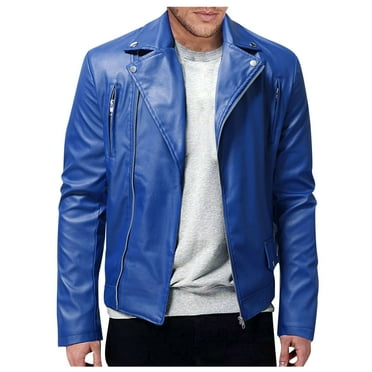 Sxaura Mens Blue Faux Leather Jacket Basic Trendy Solid Color Long Slim Fit Spring Winter Jackets Long Sleeve Tops
