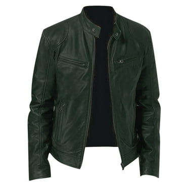 Sxaura Mens Trendy Faux Leather Jacket Basic Green Long Solid Color Spring Winter Slim Fit Jackets Long Sleeve Shirts