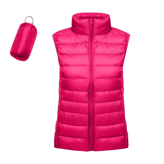 Sxaura Pink Puffer Vest for Women Basic Solid Color Lightweight Vests Outerwear Band Collar Quilted Vest with Pockets