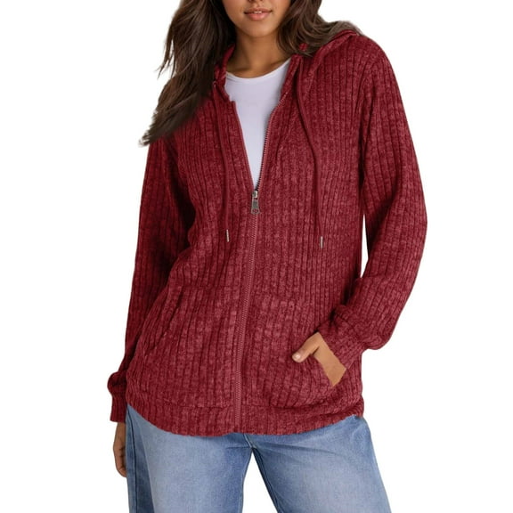Sxaura Red Trendy Hoodies for Women Spring Workout Long Sleeve Long Lightweight Oversized Hooded Zip up Hoodie Knit Ribbed Jackets with Pockets