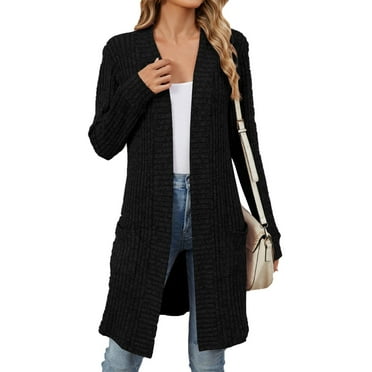 Sxaura Trendy Long Cardigans for Women Black Loose Long Sleeve Long Solid Color Basic Cardigan Sweaters Open Front Knit Ribbed Ribbed Sweater Coat with Pockets