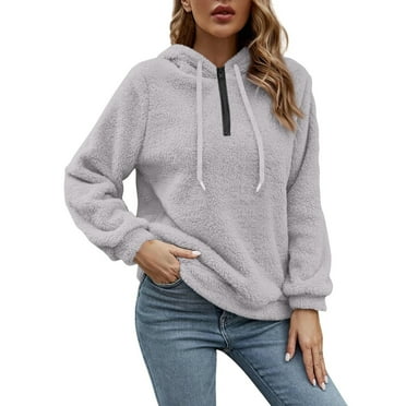 Sxaura Women Basic Faux Fur Fleece Sweatshirt Gray Trendy Thermal Warm Spring Winter Long Fleece Fuzzy Solid Color Hooded Quarter Zip Pullover Fleece Sherpa Drawstring Zip up Long Sleeve Sweatshirts