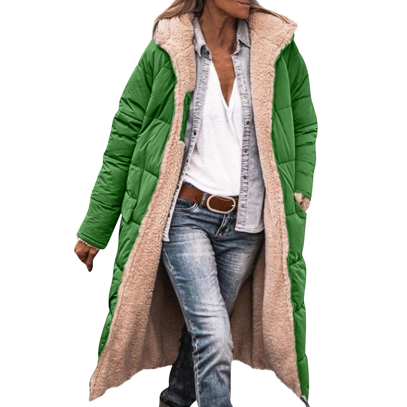 Warm Green Print Parkas For Women Loose Fitting Down Jacket Hooded Pockets Winter Coats
