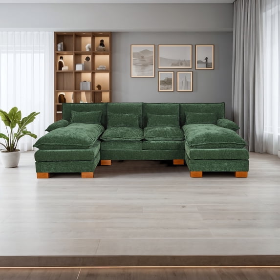 Sxbhfuj Modern U-Shape Sectional Sofa with Pillows, Oversize Modular Couch and Sofa for Living Room, 4 Seats Chenille Cushioned Couch for Apartment and Bedroom, Green