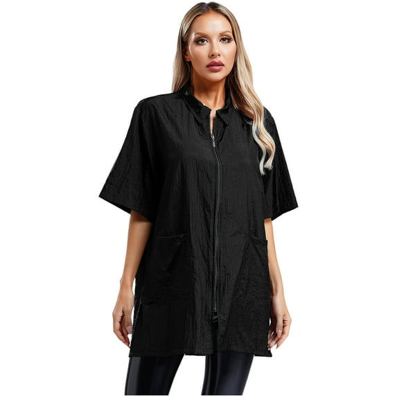 Sxiwei Adult Salon Client Smock Waterproof Short Sleeve Front Zipper Barber Jacket Gown Robe Black M