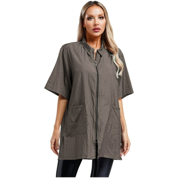 Sxiwei Adult Salon Client Smock Waterproof Short Sleeve Front Zipper Barber Jacket Gown Robe Gray L