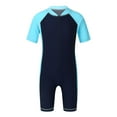 thumbnail image 1 of Sxiwei Boys Girls One Piece Shorty Wetsuit Swimsuit Swimwear UPF 50+ Sun Protection Bathing Suit Rash Guard Navy Blue&Sky Blue 16, 1 of 7
