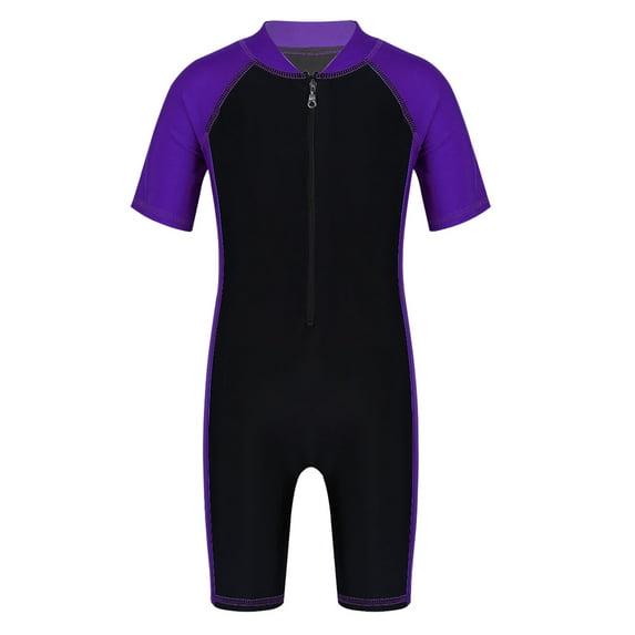 Sxiwei Boys Girls One Piece Shorty Wetsuit Swimsuit Swimwear UPF 50+ Sun Protection Bathing Suit Rash Guard Purple&Black 16