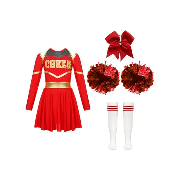 Sxiwei Girls Cheerleading Uniform Long Sleeve Leotard Dress Cheer Leader Outfits Performance Costume A Red 12