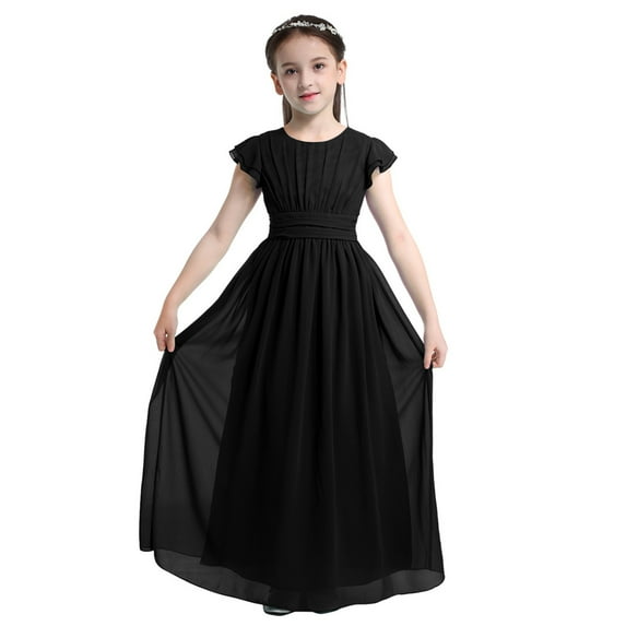 Sxiwei Girls Pleated Flutter Sleeve Wedding Bridesmaid Long Dress Birthday Party Princess Maxi Gowns Black 14