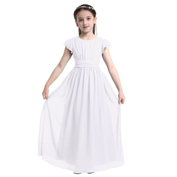 Sxiwei Girls Pleated Flutter Sleeve Wedding Bridesmaid Long Dress Birthday Party Princess Maxi Gowns White 8