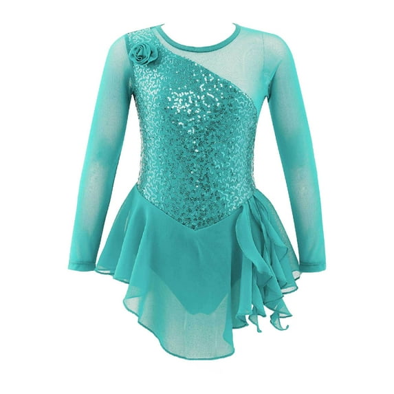 Sxiwei Girls Sequins Figure Ice Skating Tutu Dress Long Sleeved Dance Costumes Skirted Ballet Leotard Mint Green 8