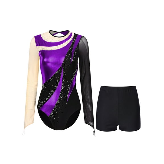 Sxiwei Gymnastics Leotards for Women Metallic Long Sleeve Dance Leotard Shiny Bodysuit with Shorts Purple L