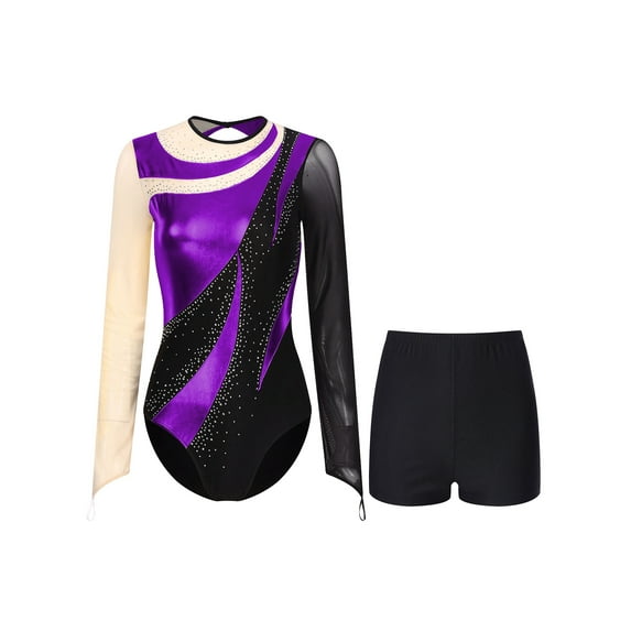 Sxiwei Gymnastics Leotards for Women Metallic Long Sleeve Dance Leotard Shiny Bodysuit with Shorts Purple XL